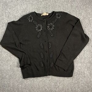 Vintage Sweater Cardigan Womens Small Black Silk Blend Beaded Embroidered 80's